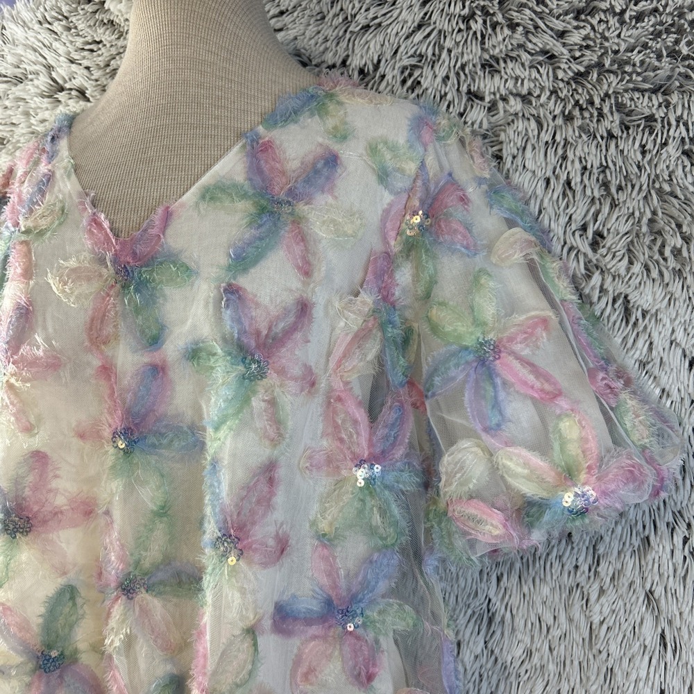 Umgee 3D Floral Boho Hippie Sheer Top Blouse Size L Puff Sleeves Sequins‎ Mesh - Picture 4 of 13